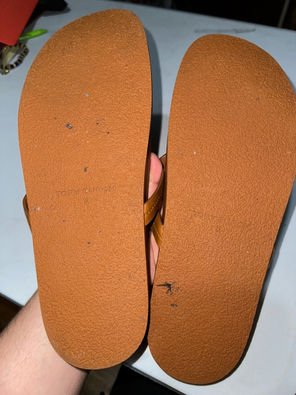 Tory Burch Cognac Leather Logo Thong Sandals - Picture 4 of 5